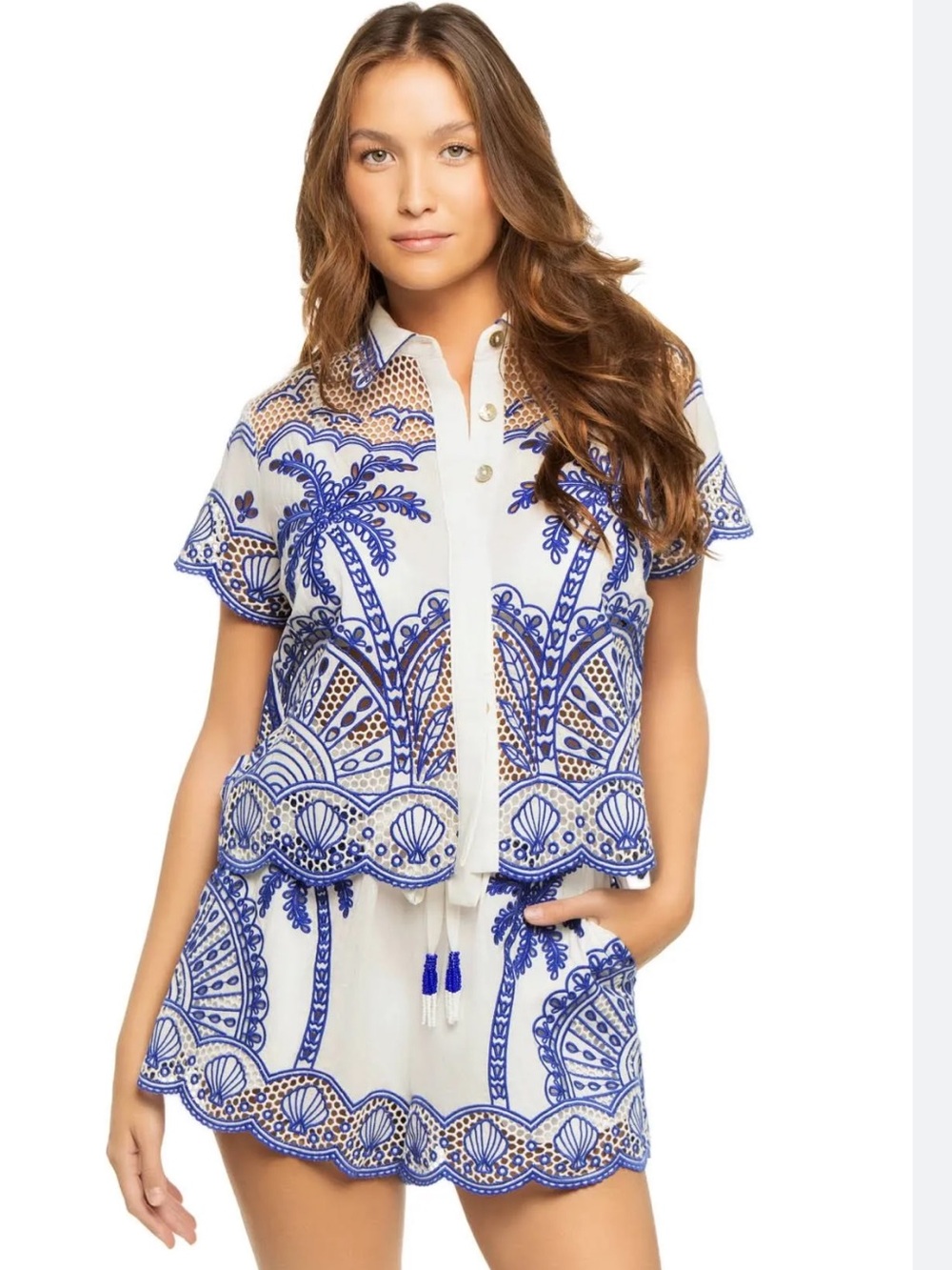 🆕 NWOT Farm Rio Size M Blue Palm Trees Richelieu Collared Shirt 100% Cotton Boho